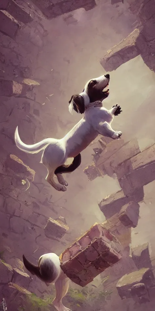 Image similar to adorable jack russel terrier jumping over a brick wall, fantasy art, artstation character design contest winner, trending on cgsociety, concept art, speedpaint, beautiful digital art, jesper ejsing, james jean, justin gerard, fenghua zhong, makoto shinkai, highly detailed