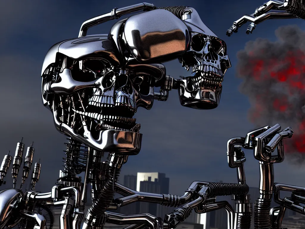 Image similar to terminator endoskeleton close up with a city street background, smoke, fi, chrome, shiny, reflective, metallic, 3 d, render, realistic, hdr, stan winston studios, dramatic lighting, flame colors bright