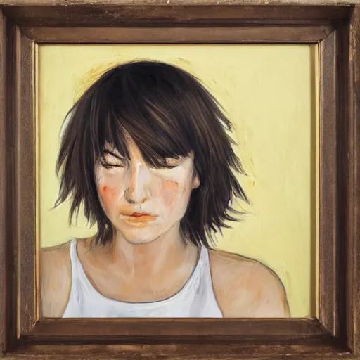 Prompt: painting, young woman, side view, short brown hair, blue eyes, crying