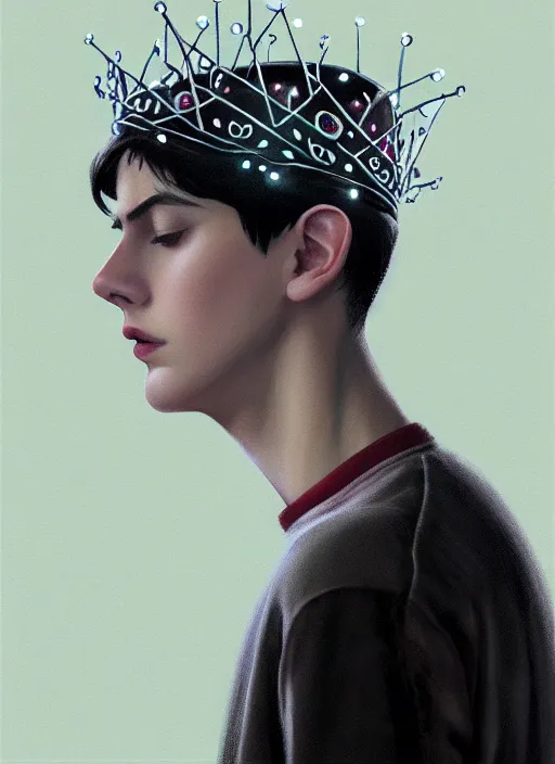 Prompt: portrait of teenage jughead jones wearing a light grey crown, crown, hamburger background, eyes closed, crown, black hair, intricate, elegant, glowing lights, warm lighting, highly detailed, digital painting, artstation, concept art, smooth, sharp focus, illustration, art by wlop, mars ravelo and greg rutkowski
