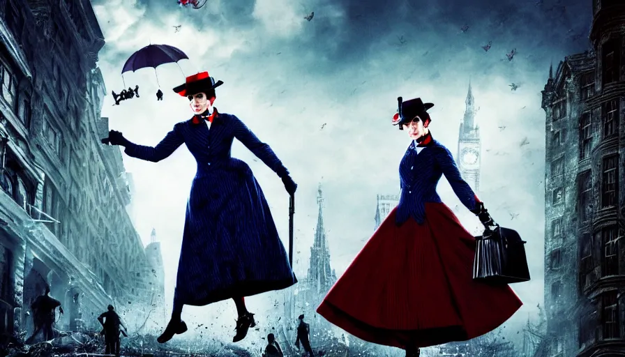 Prompt: mary poppins in resident evil, action film, horror film, cinematic style, 3 5 mm, film post process
