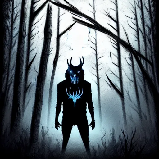 Prompt: in the style of artgerm, steve niles, rafael albuquerque, wendigo in the forest emerging from the shadows, deer skull face, antlers, fog, full moon, moody lighting, horror scary terror