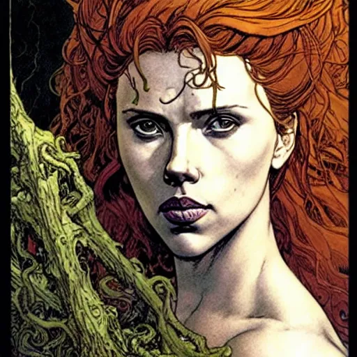 Image similar to a realistic, very beautiful and atmospheric portrait of scarlett johansson as a druidic warrior wizard looking at the camera with an intelligent gaze by rebecca guay, michael kaluta, charles vess and jean moebius giraud