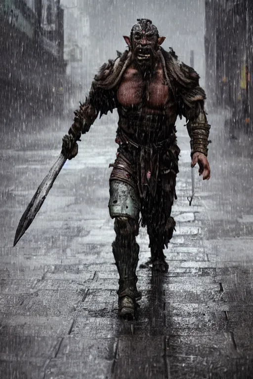 Prompt: a dynamic photograph of a orc warrior in a wet, dystopic Hong Kong bladerunner street. Realism.