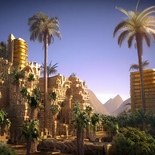 Prompt: gardens of Babylon made of gold towers, architecture, realistic, epic scale, mountains, palm trees, dramatic lighting, 8k, post processing, trending on artstation, environment highly detailed