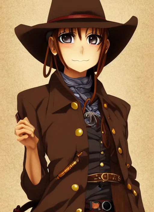 Prompt: full anime portrait of beautiful gunslinger woman in the city, face details, brown tuffle coat, cowboy hat, brown skin, redeyes, high fantasy, dnd, highly detailed, digital illustration, by kurone mishima