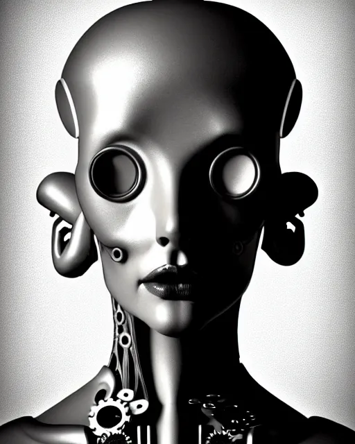 Image similar to black and white dreamy foggy smoky profile face portrait, one silver steampunk eye biomechanical beautiful young female cyclope - cyborg - robot bust, body ribs meshes,, volumetric light, hibiscus flowers, by hg giger, rim light, by dora maar and cecile beaton, big gothic fashion pearl embroidered collar, 8 k