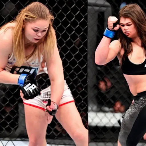 Image similar to Miranda cosgrove beats up ronda rousey in ufc