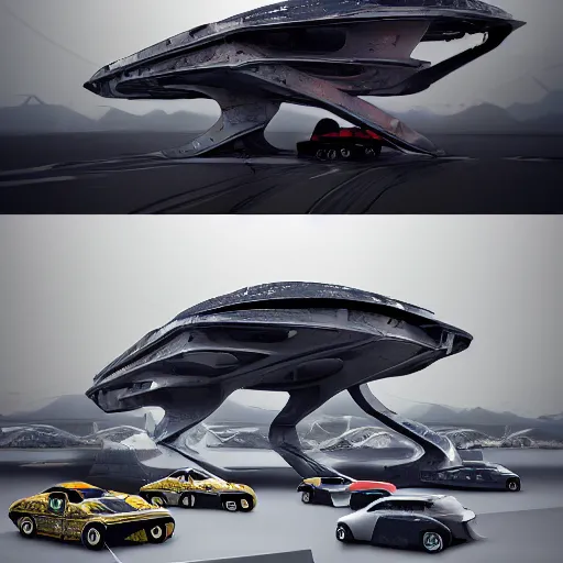 Prompt: sci-fi cars trucks motorcycles 50% of canvas on the coronation of napoleon painting and digital billboard photogrammetry point cloud in the middle and everything in style of zaha hadid and suprematism forms unreal engine 5 keyshot octane artstation trending blade runner 2049 colors lighting ultra high detail ultra photo realistic 8k 16k in plastic dark tilt shift