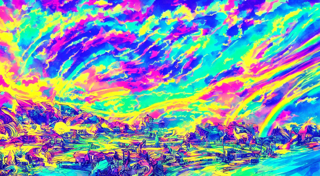 Prompt: A neon wonderland with a rainbow sky with waves of every color of the rainbow in the sky, wavelike clouds, rainbow flowing clouds, vivid landscape, award-winning anime style, wallpaper, relaxing, bright, Watercolor expressionist, comic book style, manga style