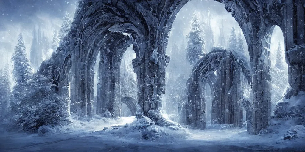 Image similar to a snowy landscape, sparse fir trees, scattered broken ancient ruin structures, giant archways, fantasy digital painting, stunning, intricate details, artwork by ross tran and artgerm