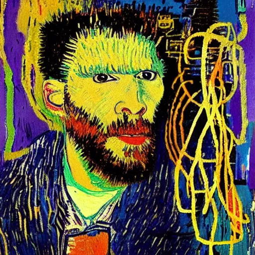 Image similar to portrait of an artificial intelligence painting by van Gogh klimt Jean-Michel Basquiat