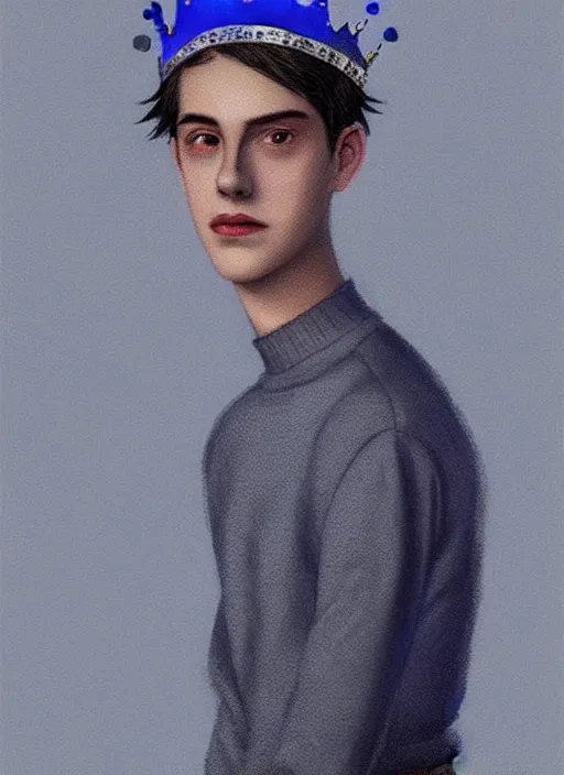 Image similar to portrait of teenage jughead jones wearing a light grey crown, crown, blue turtleneck, 1 9 5 0 s, closed eyes, photorealistic, black hair, glowing lighting, intricate, elegant, glowing lights, highly detailed, digital painting, artstation, concept art, smooth, sharp focus, illustration, art by wlop, mars ravelo and greg rutkowski