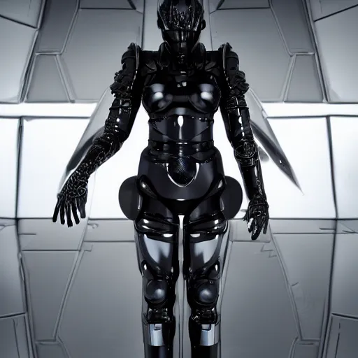 Prompt: a manga character in a futuristic room, black and shiny cyber armor, highly detailed, render, vray, octane, realistic lighting, by nihei tsutomu