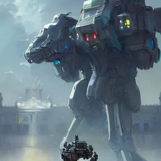 Prompt: Mecha-Gorilla wielding a Plasma Rifle Guarding the Buckingham Palace, illustration by Greg Rutkowski and Tony Sart, detailed trending on cgsociety