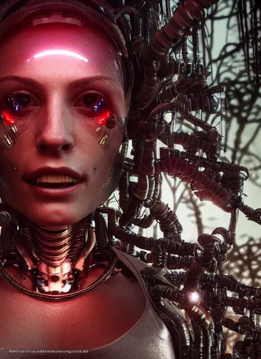 Prompt: 35mm portrait of a sophisticated intricate terminator woman's head on the background of a weird magical mechanical forest. Round gears visible inside her hear. Very detailed 8k. Fantasy cyberpunk horror. Sharp. Unreal 5 render with nanite, global illumination and path tracing.