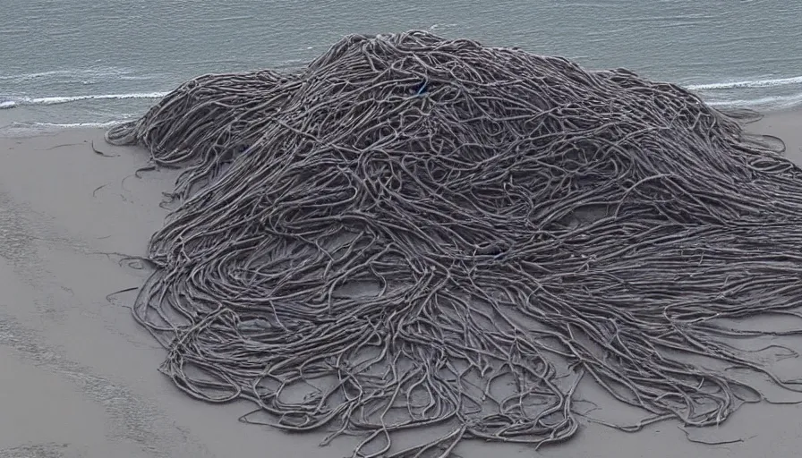 Image similar to CNN news footage taken from above. A huge Spaghetti Monster is washed up on the beach.