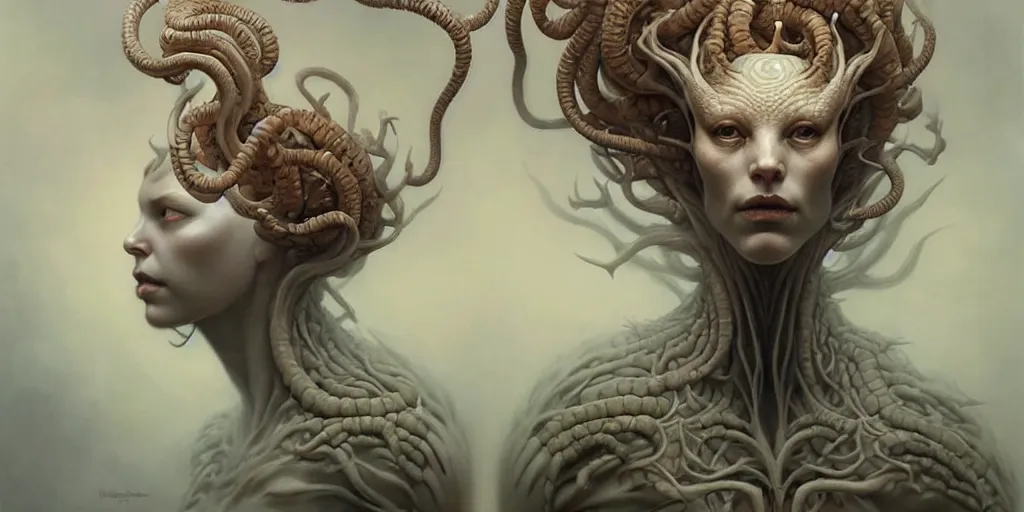 Prompt: ultra realistic, beautiful female gorgon moving through latent spaces in her head, in the style of peter mohrbacher by weta digital and beth cavener, high symmetry, intricate, elegant, evocative, masterpiece, award winning, high face symmetry, high realism