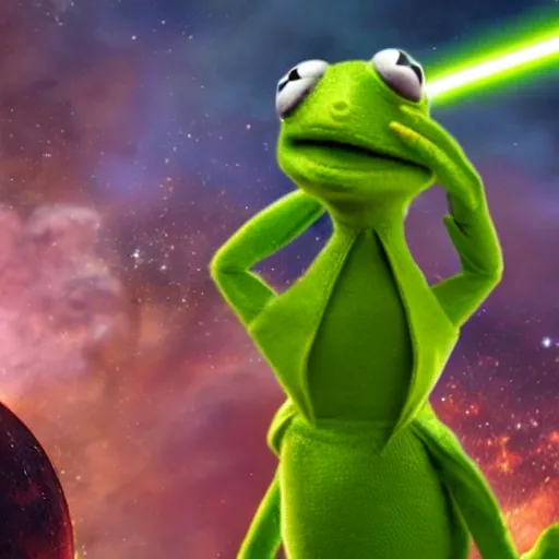 Prompt: the avengers battle kermit the frog in space, galaxy, hd, explosions, gunfire, lasers, spatula, giant, epic, showdown, colorful, realistic photo, unreal engine, movie, stars, deep space, prophecy, hyper realistic, 3 d,