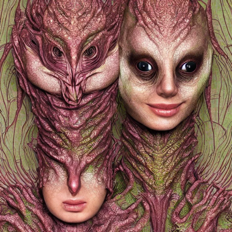 Prompt: a grinning alien girl with reptile skin, plant patterns, her face looks like an orchid, she is the center of the garden, jan van eyck, ernst fuchs, egon schiele, trending on artstation, 8 k, award winning, facial symmetry, iris van herpen