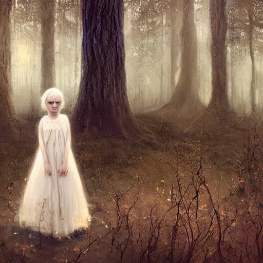 Prompt: a painting of a beautiful little girl in a white dress, white hair, bare foot, pretty symmetrical face, in the middle of a strange forest by Seb McKinnon and WLOP