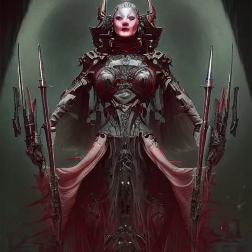 Prompt: Portrait of beautiful pale warhammer 40000 goth maiden, dark fantasy, red light, digital illustration, intricate, highly detailed, smooth, artstation, painted by Wayne Barlowe and Greg Rutkowski and zdislav beksinski and Ruan Jia and Mandy Jurgens and Artgerm and william-adolphe bouguereau