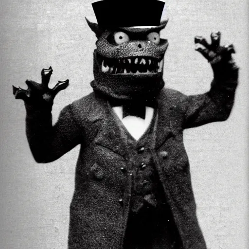 Image similar to a old timey photo of godzilla wearing a top hat, old, old timey, vintage
