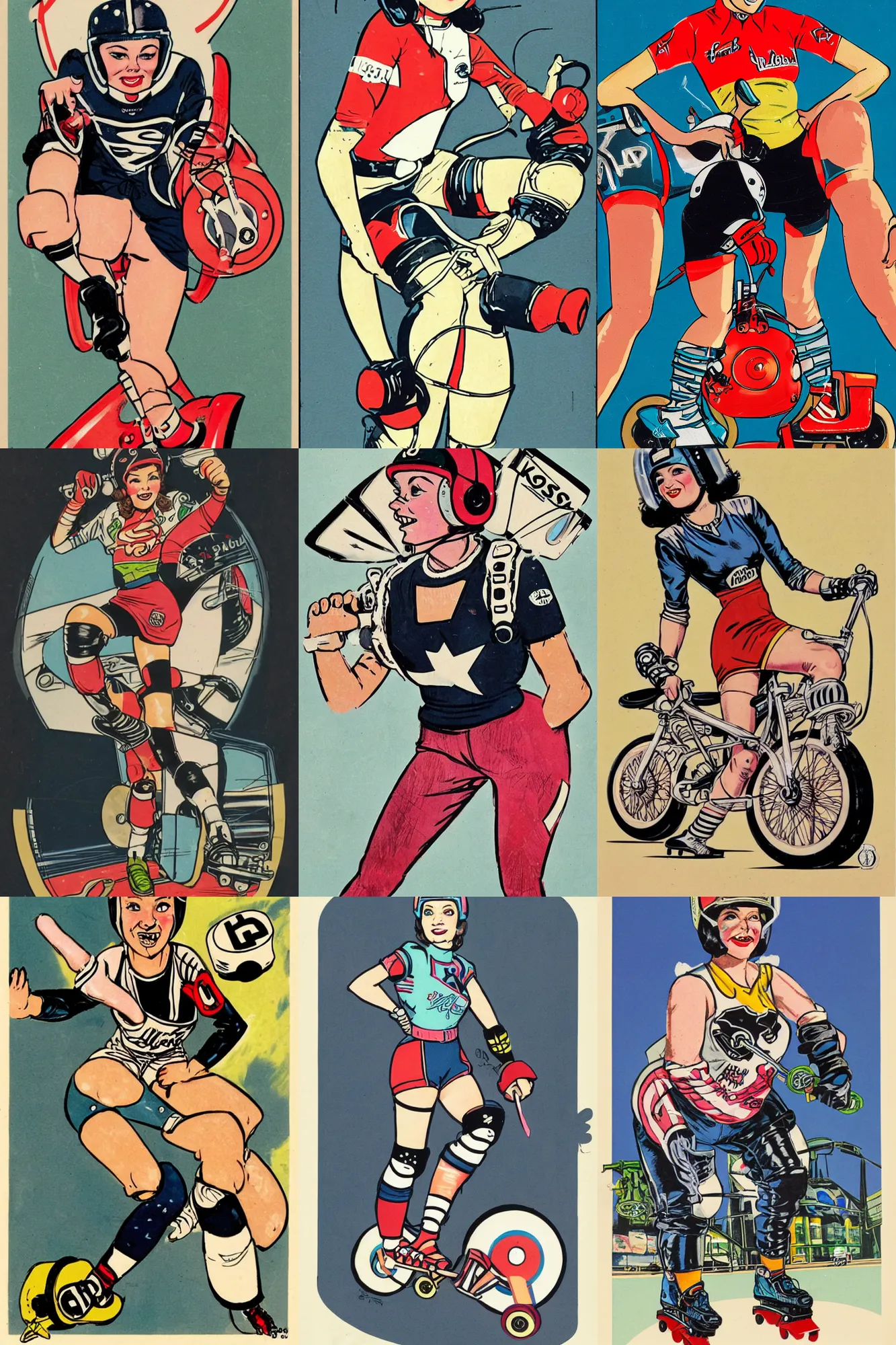 Prompt: roller derby girl portrait, logo, wearing helmet, wearing knee and elbow pads, showing victory,Frank Hampson and mcbess, 1950s