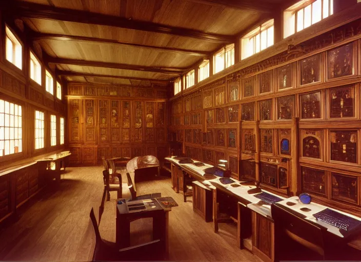 Image similar to realistic photo interior of the spacious wooden polished medieval expensive wooden room observatory scientific interior with dozens of computers and displays and molecules 1 9 9 0, life magazine reportage photo