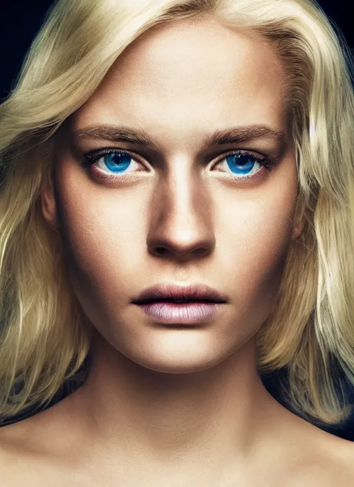 Prompt: kodak portra 800, 8K, highly detailed, photographic extreme close-up face of a beautiful woman with blond hair , Low key lighting, photographed by Erwin Olaf , high quality,high contrast ,complementary colors ,photo-realistic.