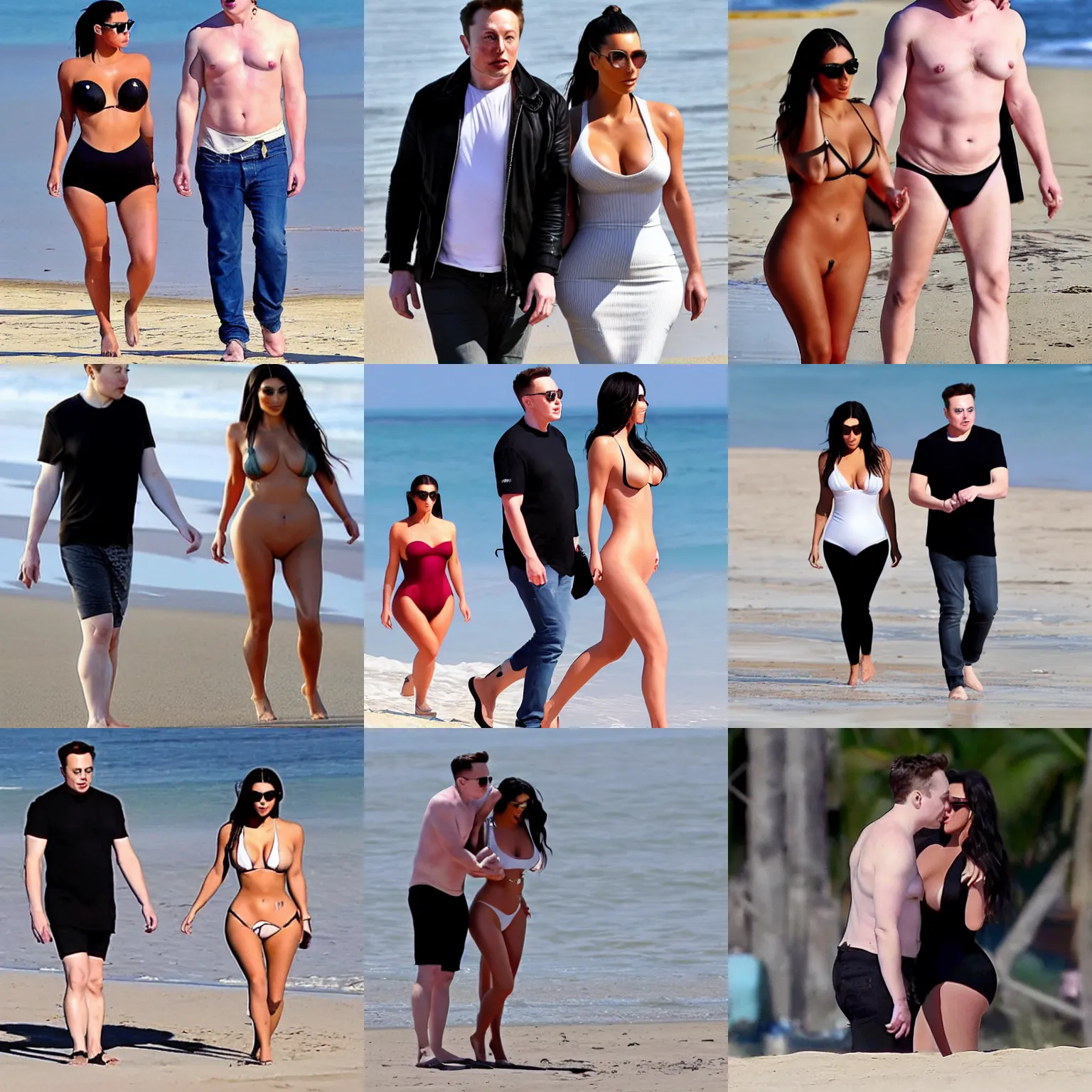 Prompt: paparazzi photo of elon musk secretly dating kim kardashian at the beach