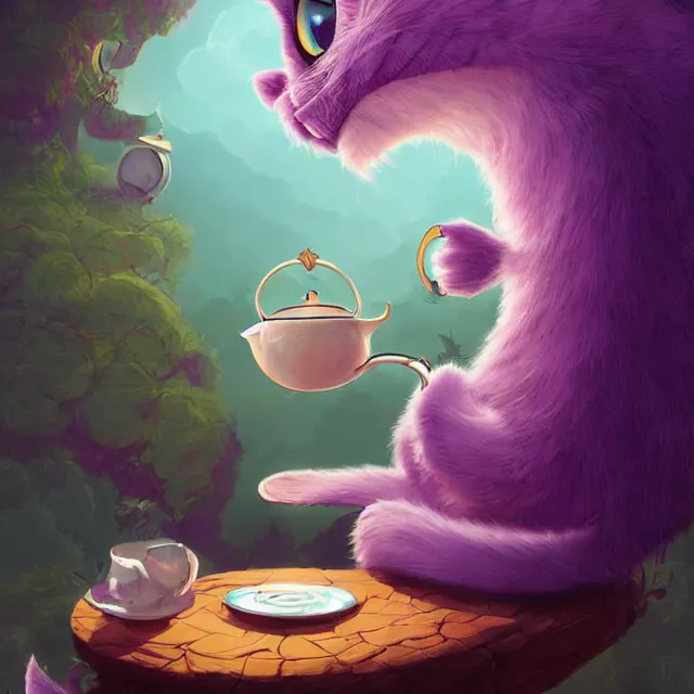 Image similar to cheshire cat drinking tea, by cory loftis, character art, very coherent, exquisite lighting, whimsical background, lighthearted, soft painting, masterpiece