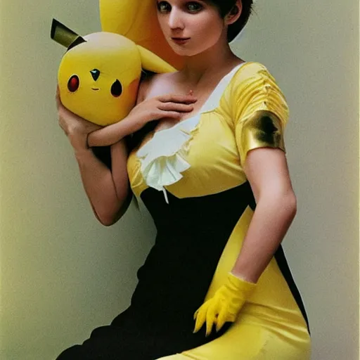 Image similar to elegant woman dressed up as pikachu, art photo by Annie Liebovitz and David Hamilton and Alphonse Mucha