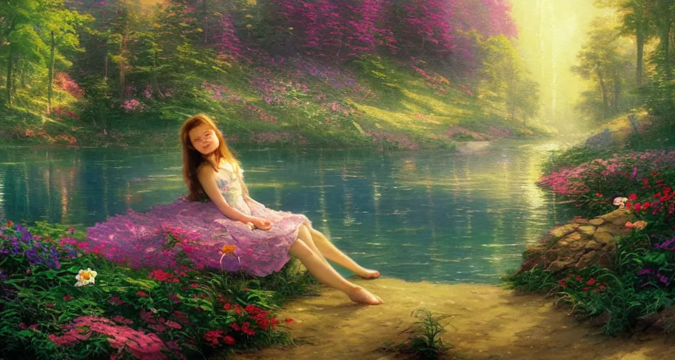 Prompt: watercolor painting of flowers by the lake, forest in the background, dramatic lighting, peaceful, girl sitting, thomas kinkade