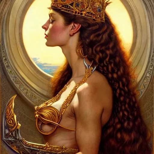 Image similar to highly detailed portrait of a majestic lioness queen in the form of a beautiful woman. d & d. art by eugene delacroix, donato giancola, anna dittmann, arthur adams, alberto vargas. trending on artstation, intricate details, energetic composition, golden ratio, concept art, illustration, elegant art, global illuminaition
