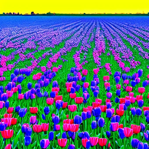 Image similar to A 4k photo of a field of tulips, blue skies, high contrast, early morning