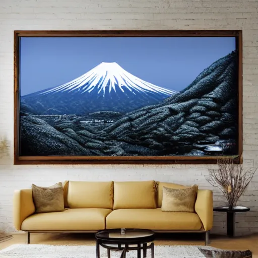 Prompt: photo realistic landscape of a Japanese village in the mountains, snow peaks. Dragon flying by