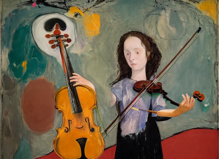 Image similar to girl standing with violin down painted by vincent lefevre and hernan bas and pat steir and hilma af klint, psychological, photorealistic, symmetrical face, dripping paint, washy brush, rendered in octane, altermodern, masterpiece
