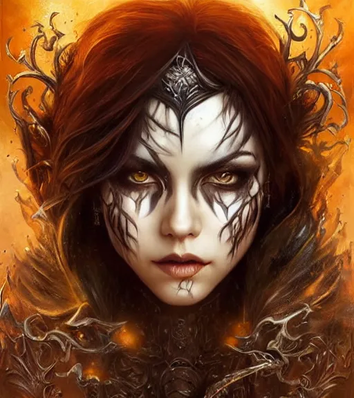 Prompt: a higly detailed full body shot and face portrait painting of a grim female sorceress with piercing eyes beautiful eyes, dynamic lighting, ambient lighting, deviantart, art by artgerm and karol bak and mark brooks