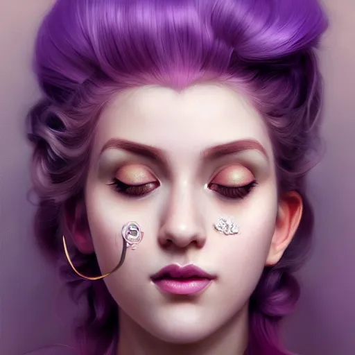 Image similar to portrait of princess peach, nose ring, upper body, purple hair, long hair, joyful smirk, intricate, smoking weed, elegant, highly detailed, digital painting, artstation, concept art, matte, sharp focus, illustration, art by artgerm and greg rutkowski and alphonse mucha