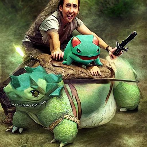Image similar to Nicholas Cage riding a bulbasaur into battle, photograph