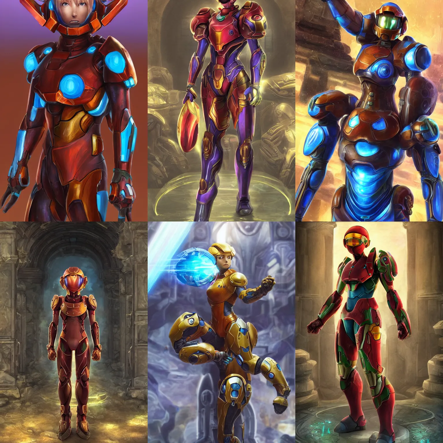 Prompt: character portrait of samus aran from metroid wearing combination halo armor and varia suit standing in an ancient temple, 8 k, realistic shading, symmetrical face details, digital painting, matte painting, concept art, illustration, halo infinite, good value control, vibrant colors, john singer sargent