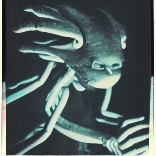 Image similar to vintage polaroid of a nightmarish mutated creature, studio lighting, from a 1 9 8 0 s japanese horror movie