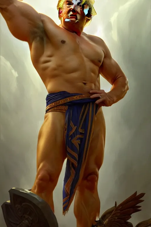 Image similar to Donald Trump as a Greek god, gorgeous, amazing, muscular, fit, very muscular male body, intricate, highly detailed, digital painting, artstation, concept art, sharp focus, illustration, art by greg rutkowski and alphonse mucha