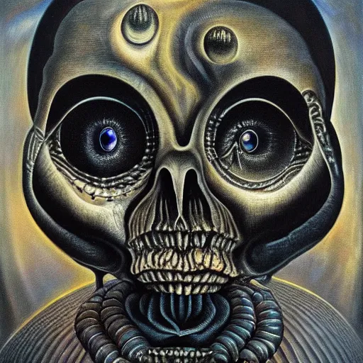 Image similar to peer into the depths of the endless cosmic void, shine a light on your darkest terror. hr giger, oil on canvas, photographic hyperrealism