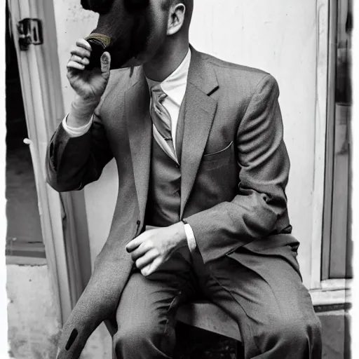 Image similar to smoking cigar, a man wearing a suit capybara head (smoking cigar)