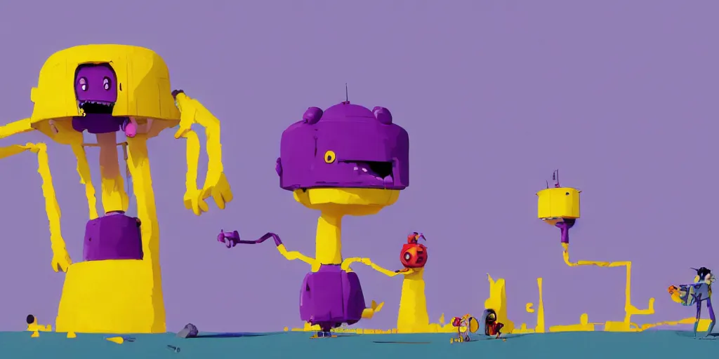 Image similar to cute purple and yellow cartoon monsters building a lighthouse by Goro Fujita and Simon Stalenhag and Basquiat, 8k, trending on artstation, hyper detailed, cinematic