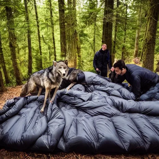 Prompt: a pack of wolves encircling a sleeping bag in a forest