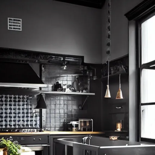 Prompt: darkness emo black fog kitchen