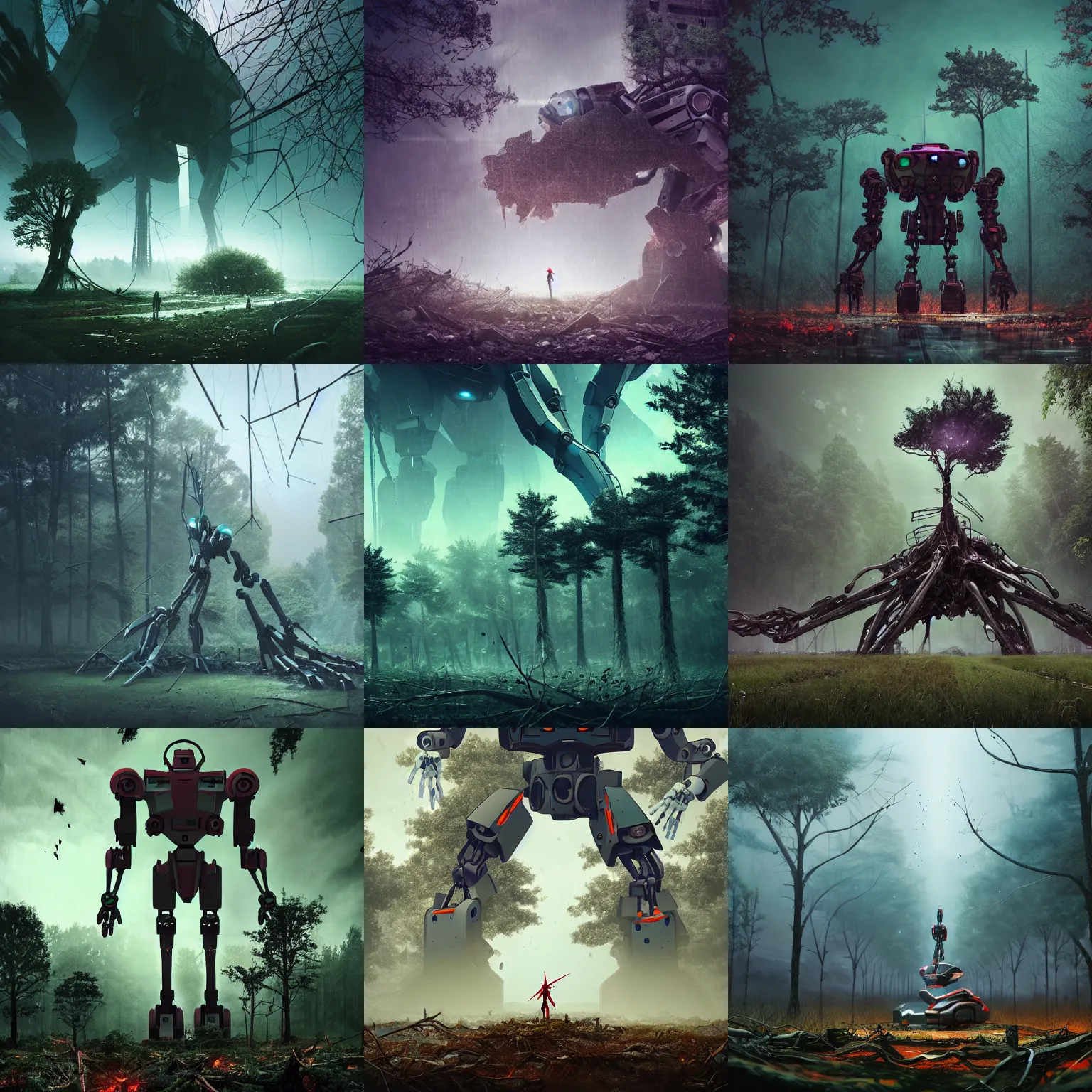 Prompt: abandoned large robot evangelion with trees growing around it, nature taking over, destroyed human structures, fall of humanity, trees, concrete, digital art, illustration, realistic detail, godrays, particles, extreme wide shot, cinematic lighting, raining, fog